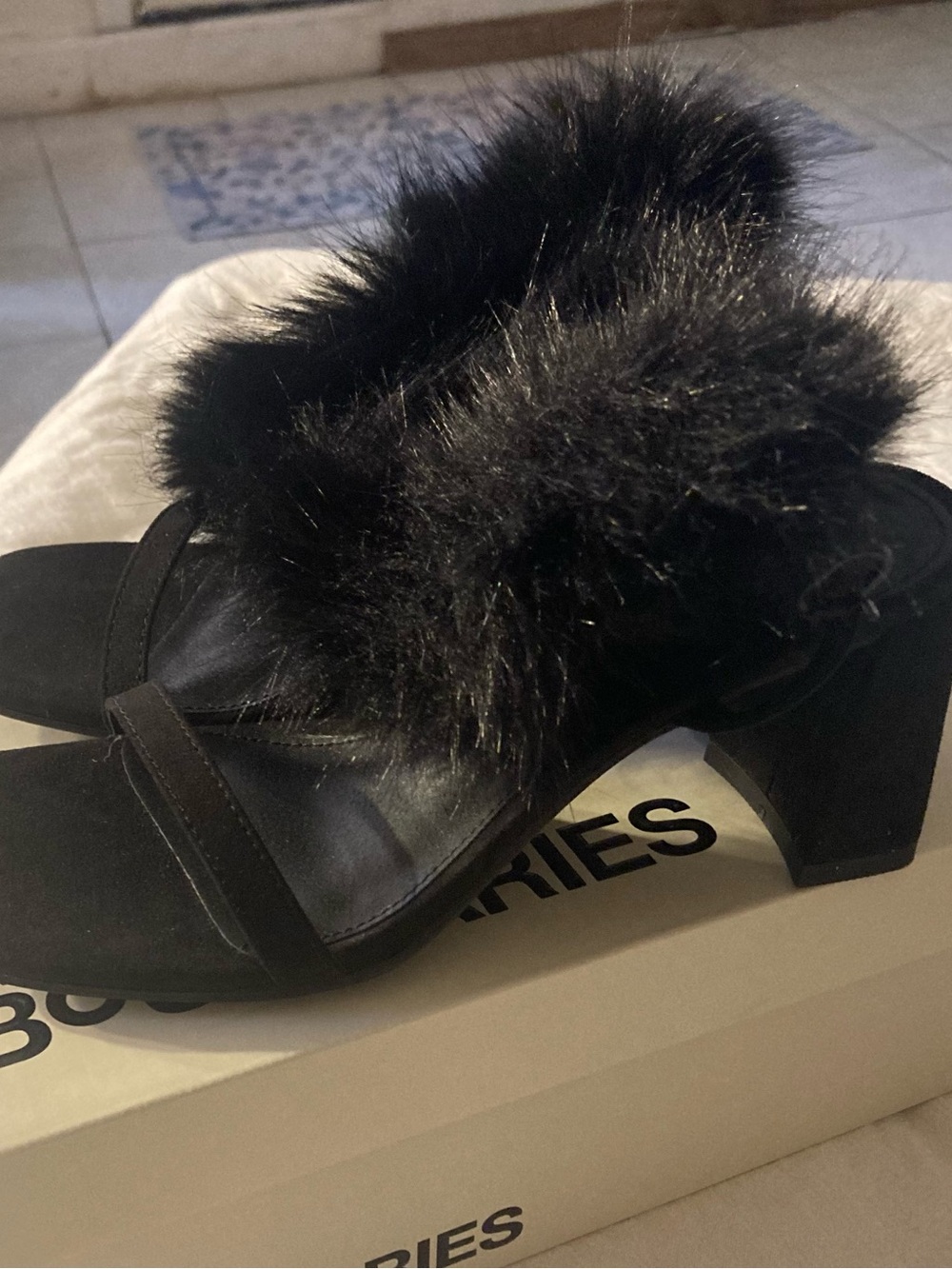 No Boundaries Black Fur Slide Wedge Heels